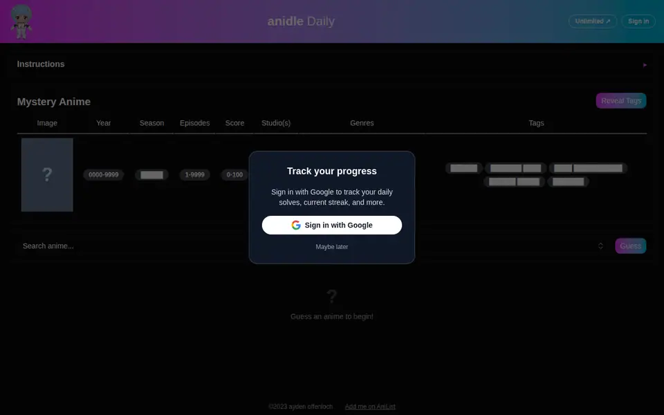 Screenshot of Anidle