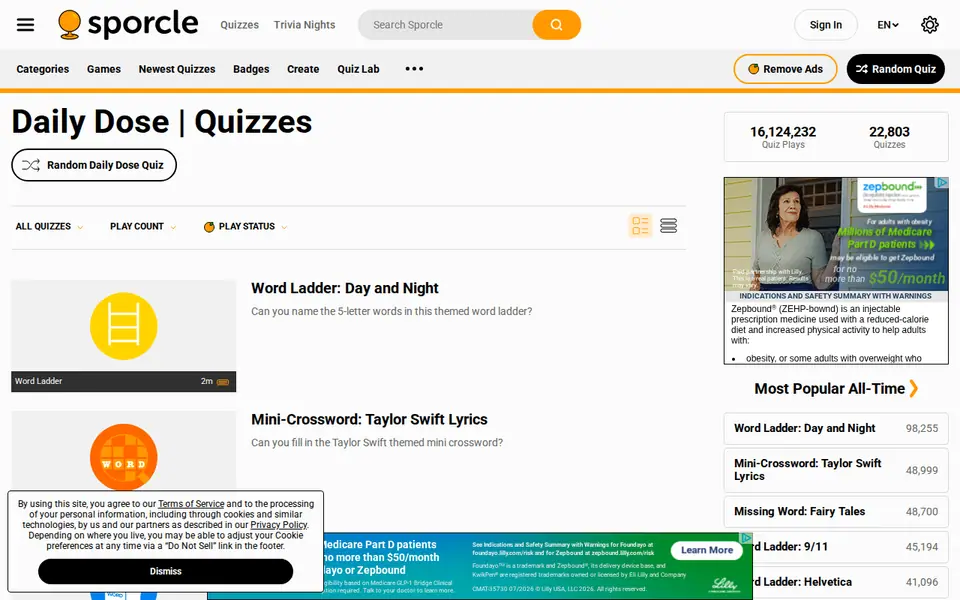 Screenshot of Archive of previous daily quizzes
