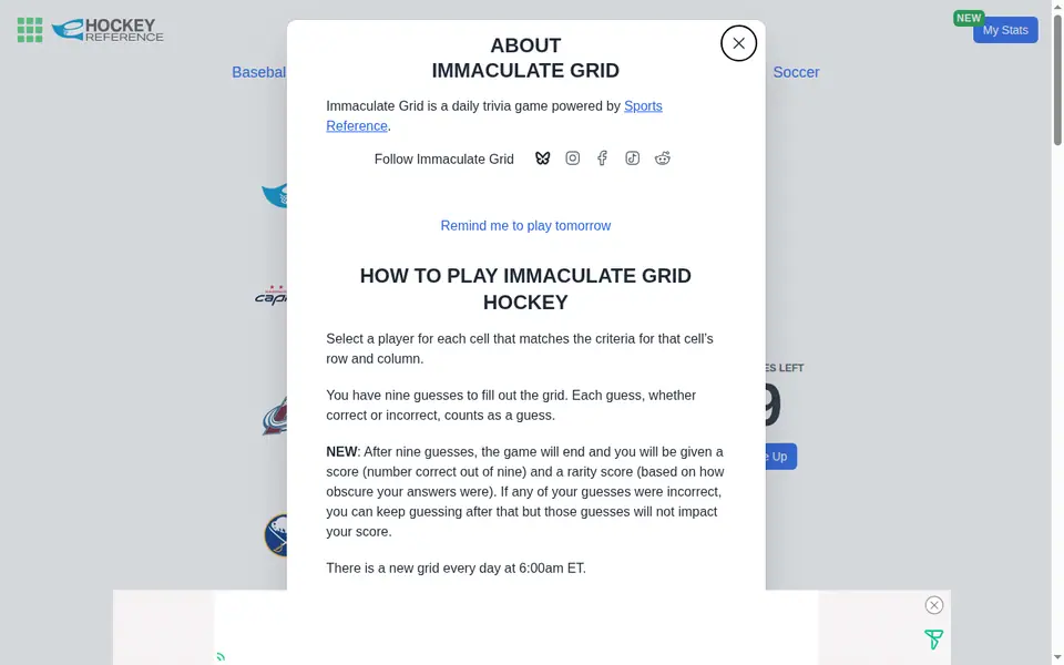 Screenshot of Immaculate Grid: Hockey