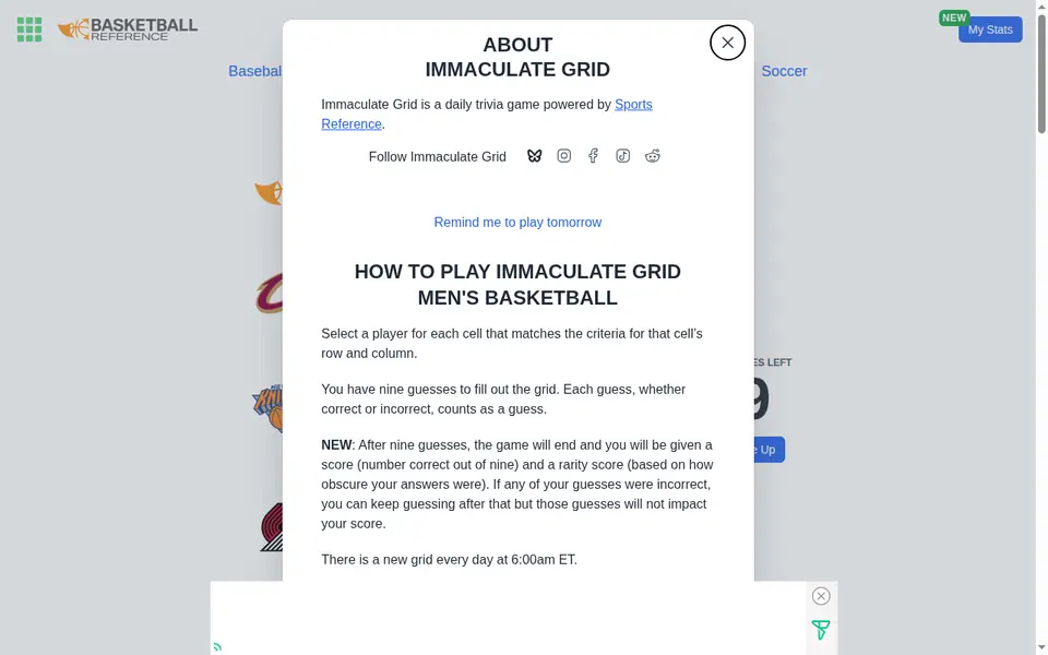 Screenshot of Immaculate Grid: Men's Basketball