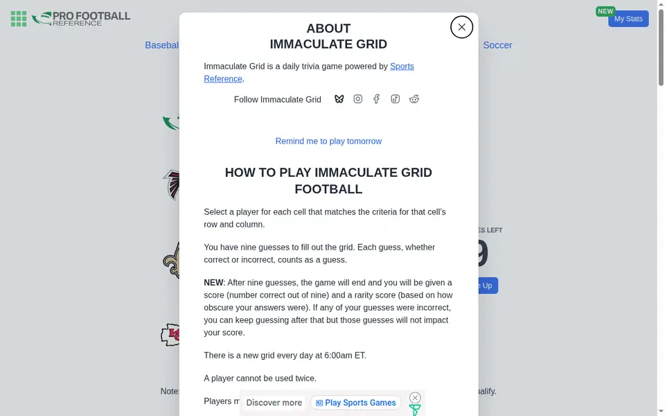 Screenshot of Immaculate Grid: Pro Football