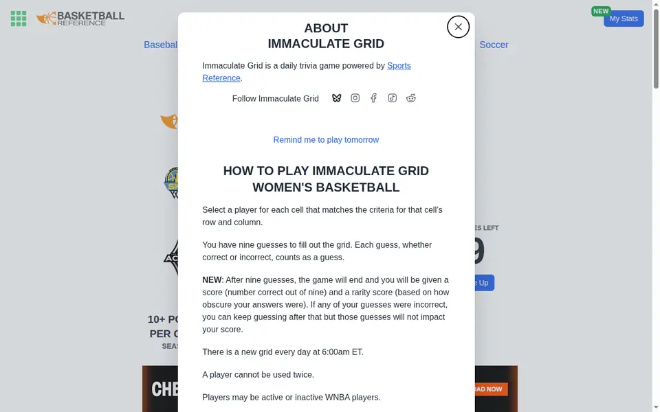 Screenshot of Immaculate Grid: Women's Basketball