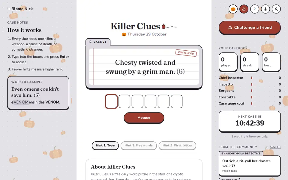 Screenshot of Killer clues