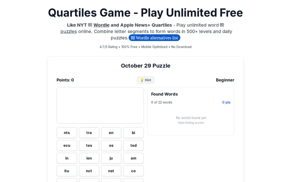 Screenshot of Quartiles Word