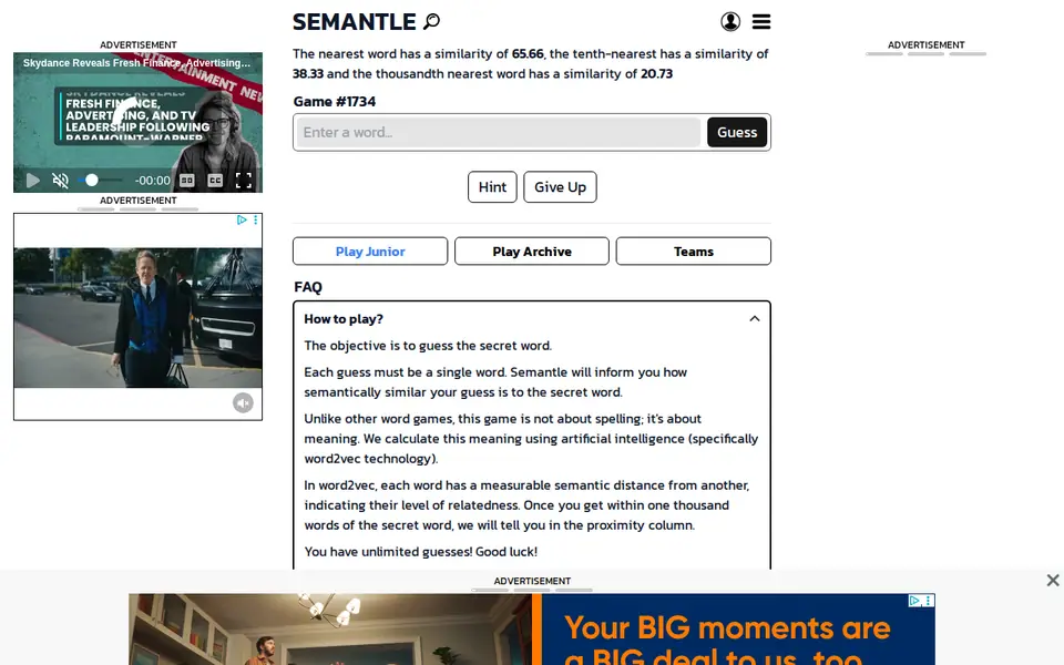 Screenshot of Semantle