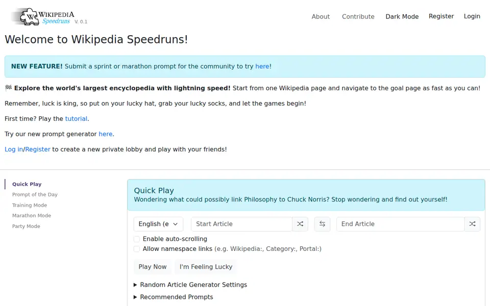 Screenshot of Wikipedia Speedrun